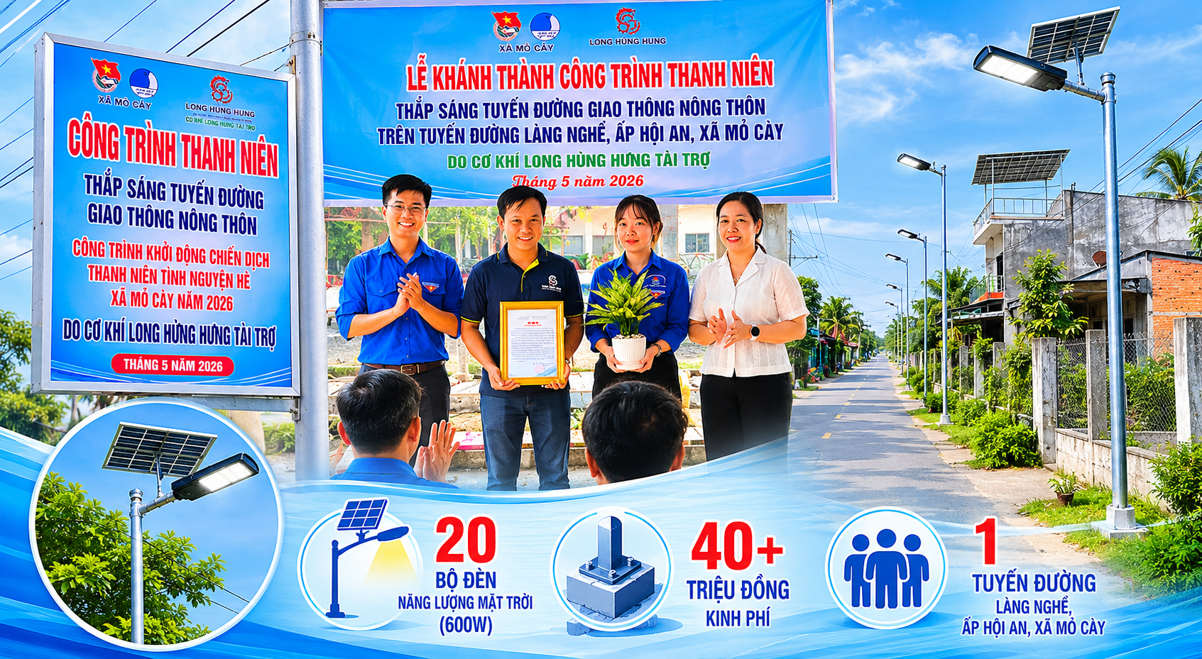 Mỏ Cày khánh thành công trình thanh niên thắp sáng tuyến đường giao thông nông thôn