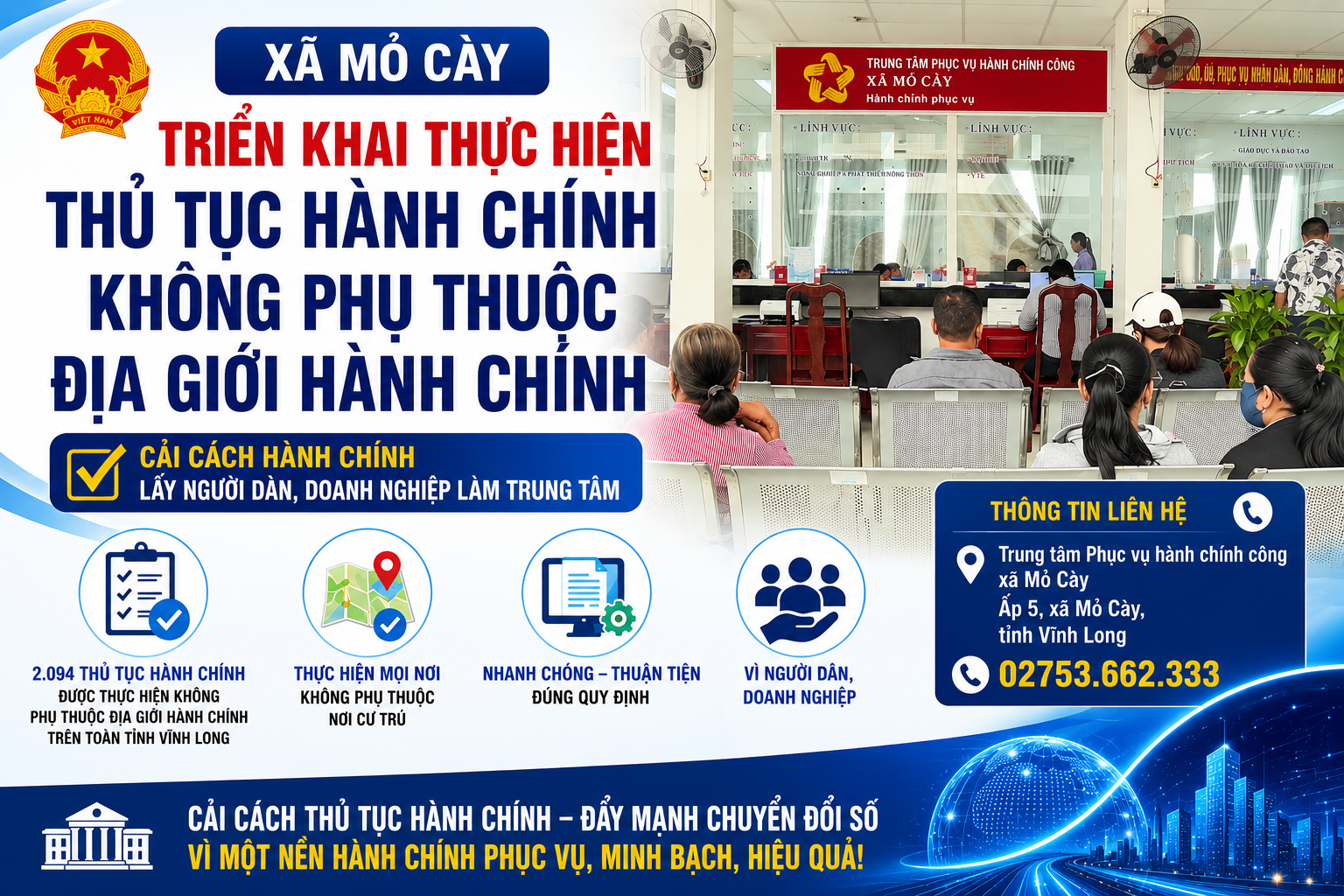 Xã Mỏ Cày triển khai thực hiện thủ tục hành chính không phụ thuộc vào địa giới hành chính trên địa bàn tỉnh Vĩnh Long