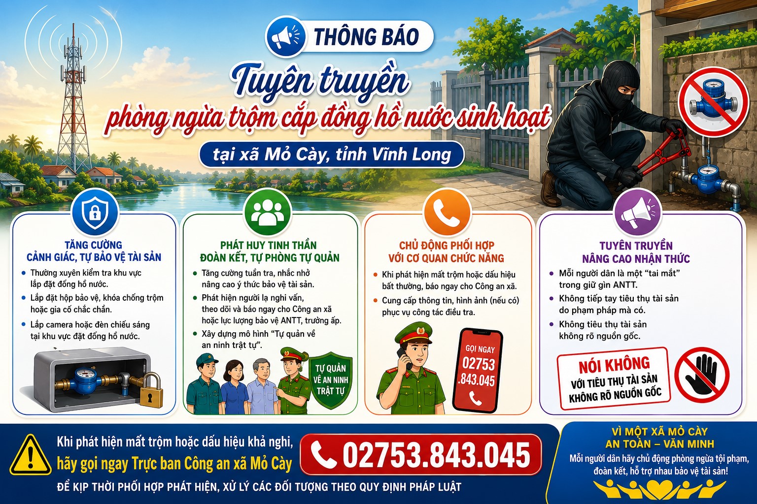 Tăng cường tuyên truyền, phòng ngừa trộm cắp đồng hồ nước sinh hoạt trên địa bàn xã Mỏ Cày
