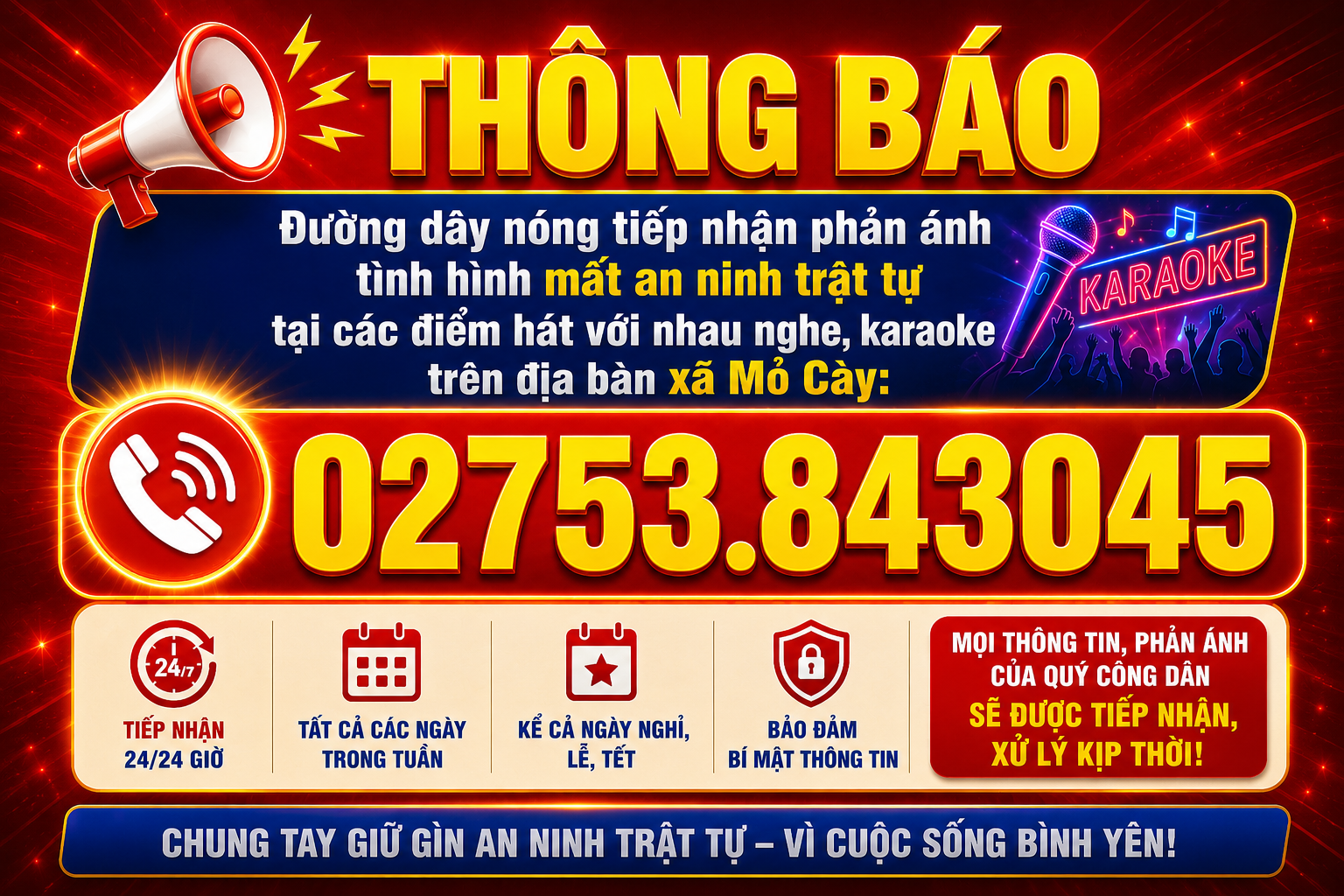 Mỏ Cày thông báo đường dây nóng tiếp nhận phản ánh mất an ninh trật tự tạic ác điểm hát với nhau nghe, điểm karaoke