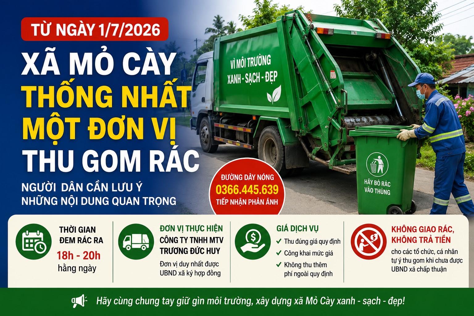 Từ ngày 1/7: Xã Mỏ Cày thống nhất một đơn vị thu gom rác, người dân cần lưu ý thời gian và đơn vị thu phí