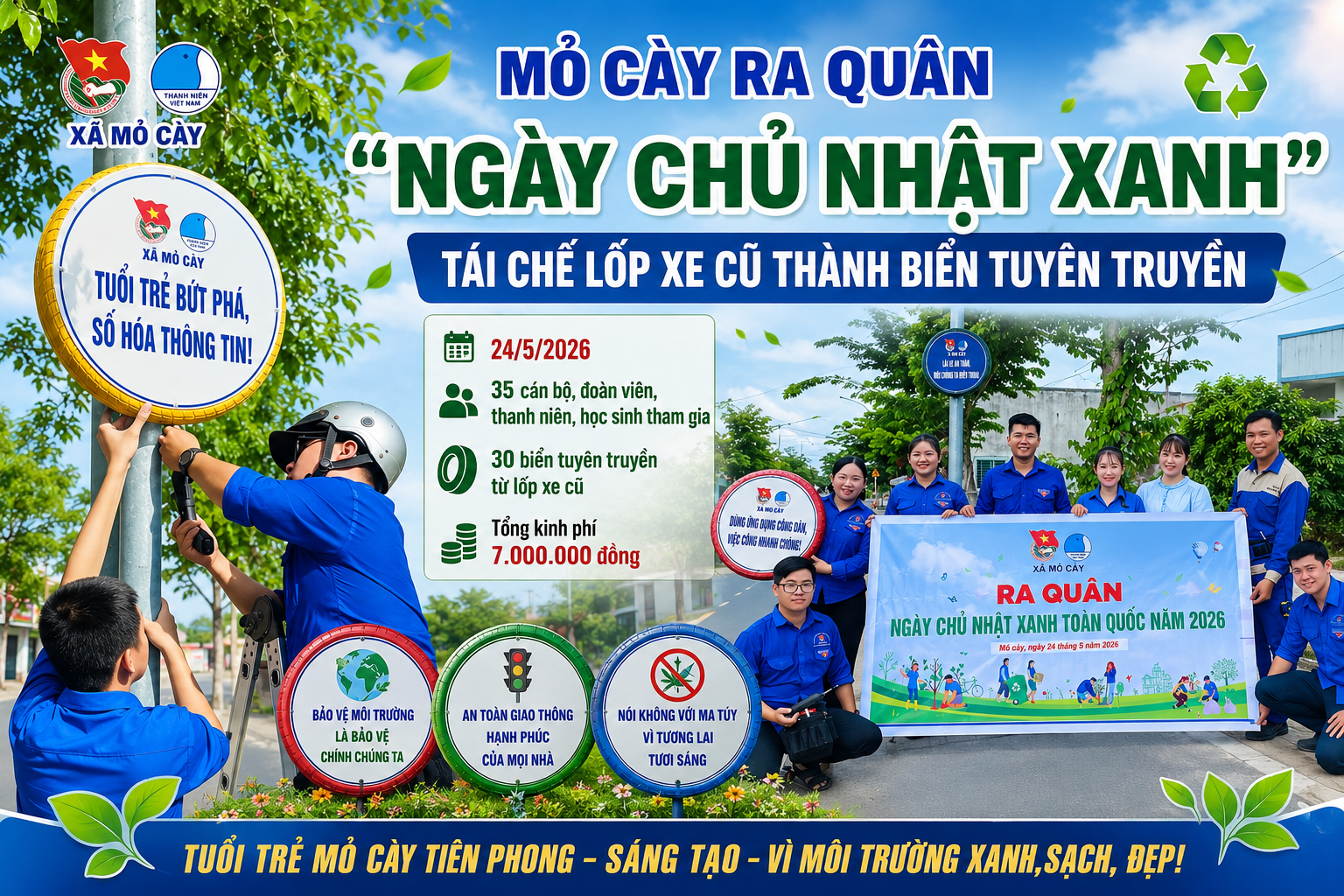 Mỏ Cày ra quân “Ngày chủ nhật xanh”, tái chế lốp xe cũ thành biển tuyên truyền